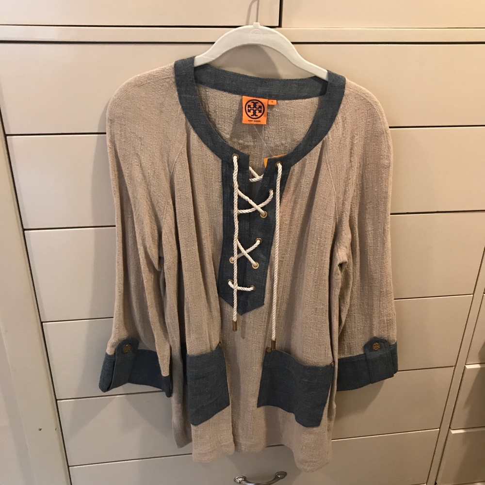 Tory Burch Beige Tunic with Blue Trim and Lace-Up Neck